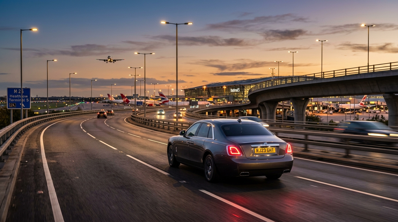 Executive private hire vehicle travelling smoothly across the UK